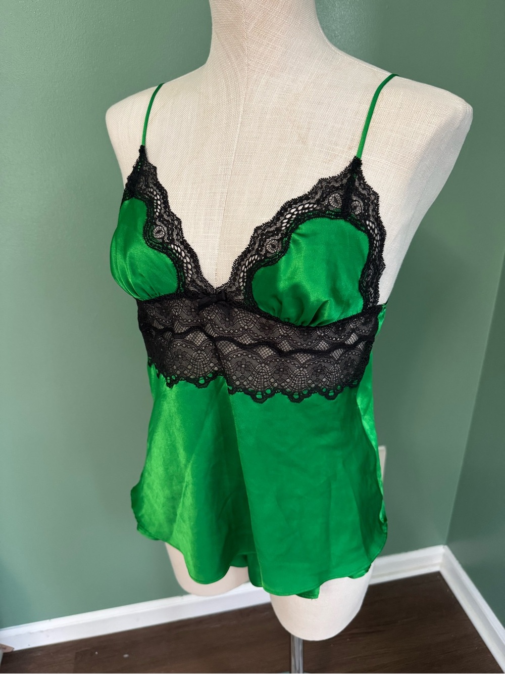 Victoria’s Secret Satin & Lace Green Pajama Set with Black Lace Trim